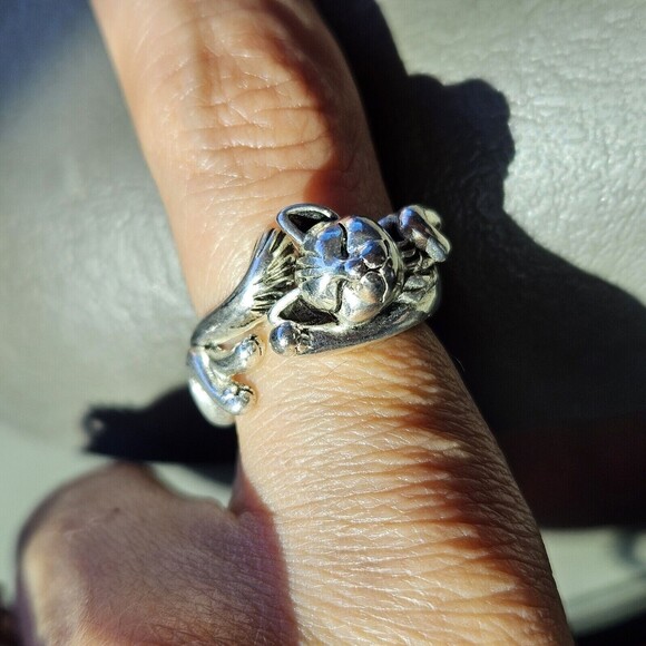 Silver 925 Retro Cat Original Opening Ring Adjustable Knuckle Women Kitty 6-7 - Picture 5 of 12